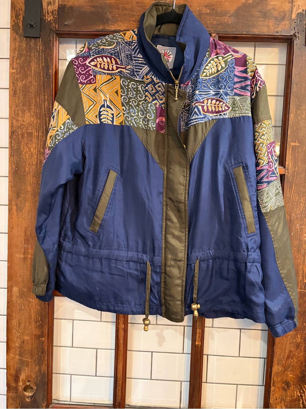 Active USA Navy & Olive Women's Bomber Jacket with Multicolor Patterned Yoke
